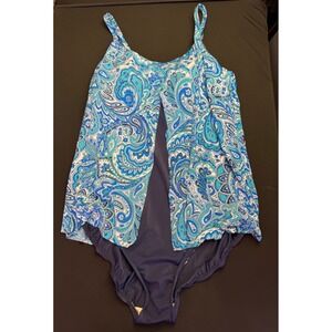 Paradise Bay Swimsuit‎ 18 Blue Paisley Flyaway Tankini 1 Piece Modest Swim Dress